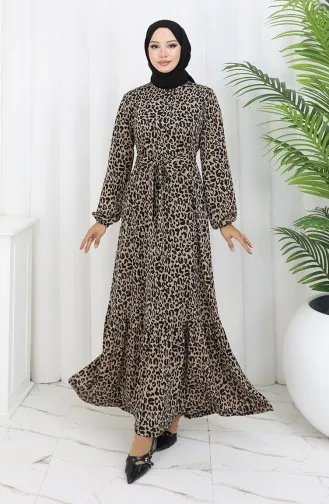 Robe Ceinturée à Motifs 1002D-01 Café Au Lait 1002D-01
