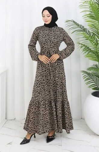 Robe Ceinturée à Motifs 1002D-01 Café Au Lait 1002D-01