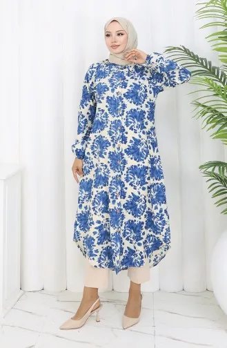 Tunique Longue Boutonnée En Tissu Viscose 0174-07 Beige Indigo 0174-07