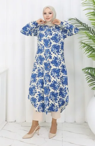 Tunique Longue Boutonnée En Tissu Viscose 0174-07 Beige Indigo 0174-07