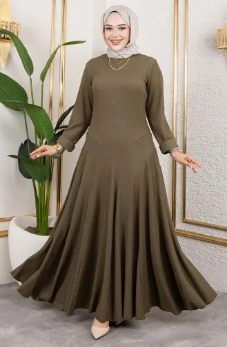 Volan Detaylı Bürümcük Elbise 7132-01 Haki 7132-01