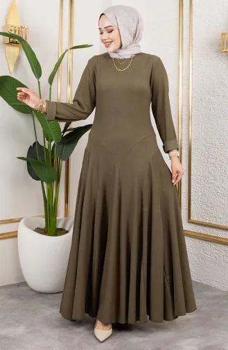 Volan Detaylı Bürümcük Elbise 7132-01 Haki 7132-01