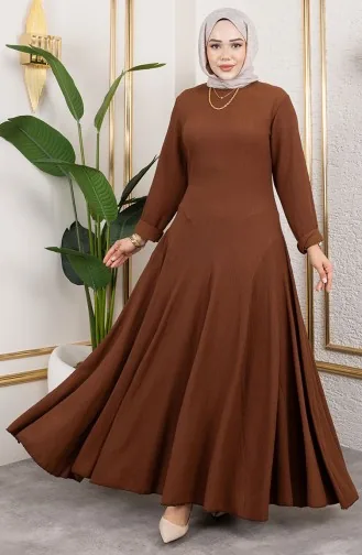 Volan Detaylı Bürümcük Elbise 7132-06 Kahverengi 7132-06