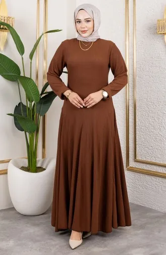 Volan Detaylı Bürümcük Elbise 7132-06 Kahverengi 7132-06