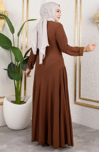 Volan Detaylı Bürümcük Elbise 7132-06 Kahverengi 7132-06