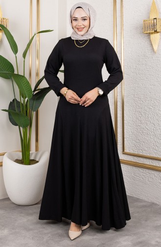 Volant Detail Krepp Kleid 7132-07 Schwarz 7132-07