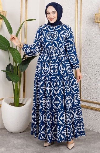 Viskose Stoff Kleid Mit Bindegürtel 7134-05 Blau 7134-05