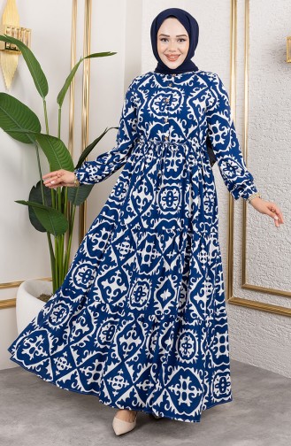 Viskose Stoff Kleid Mit Bindegürtel 7134-05 Blau 7134-05