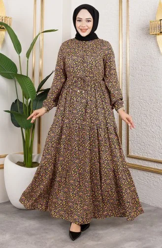 Efsun Bloemenpatroon Jurk 7136-01 Geel 7136-01