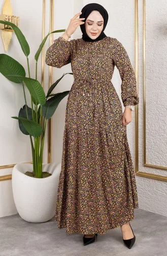 Efsun Bloemenpatroon Jurk 7136-01 Geel 7136-01