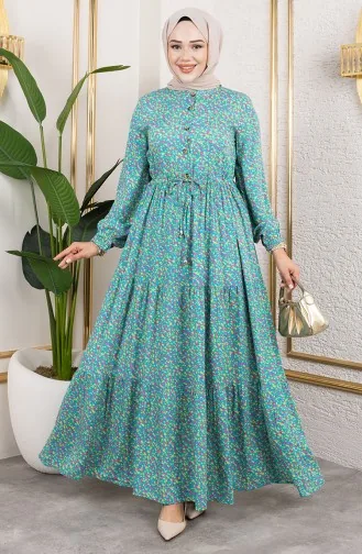 Efsun Bloemenpatroon Jurk 7136-02 Turquoise 7136-02