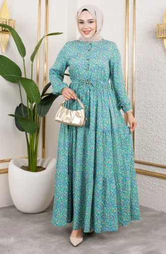 Efsun Bloemenpatroon Jurk 7136-02 Turquoise 7136-02