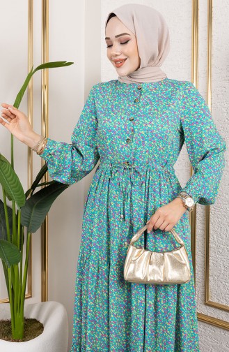 Efsun Floral Patterned Dress 7136-02 Turquoise 7136-02