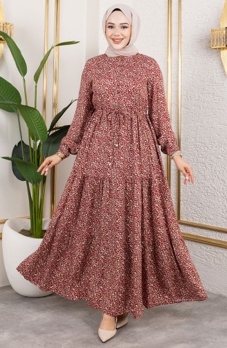 Efsun Floral Patterned Dress 7136-03 Claret Red 7136-03