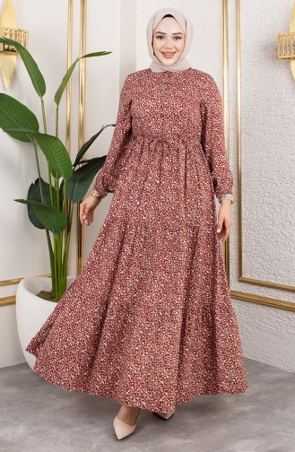 Efsun Floral Patterned Dress 7136-03 Claret Red 7136-03