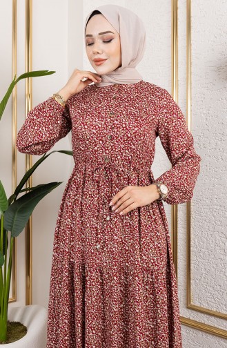 Efsun Floral Patterned Dress 7136-03 Claret Red 7136-03