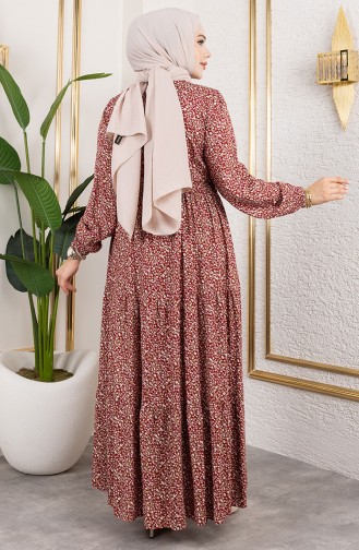 Efsun Floral Patterned Dress 7136-03 Claret Red 7136-03