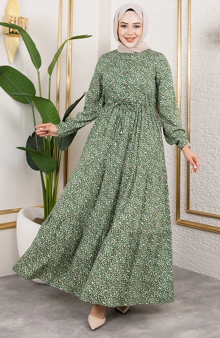 Efsun Kleid Mit Blumenmuster 7136-04 Dunkelgrün 7136-04