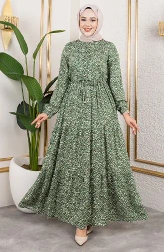 Efsun Kleid Mit Blumenmuster 7136-04 Dunkelgrün 7136-04