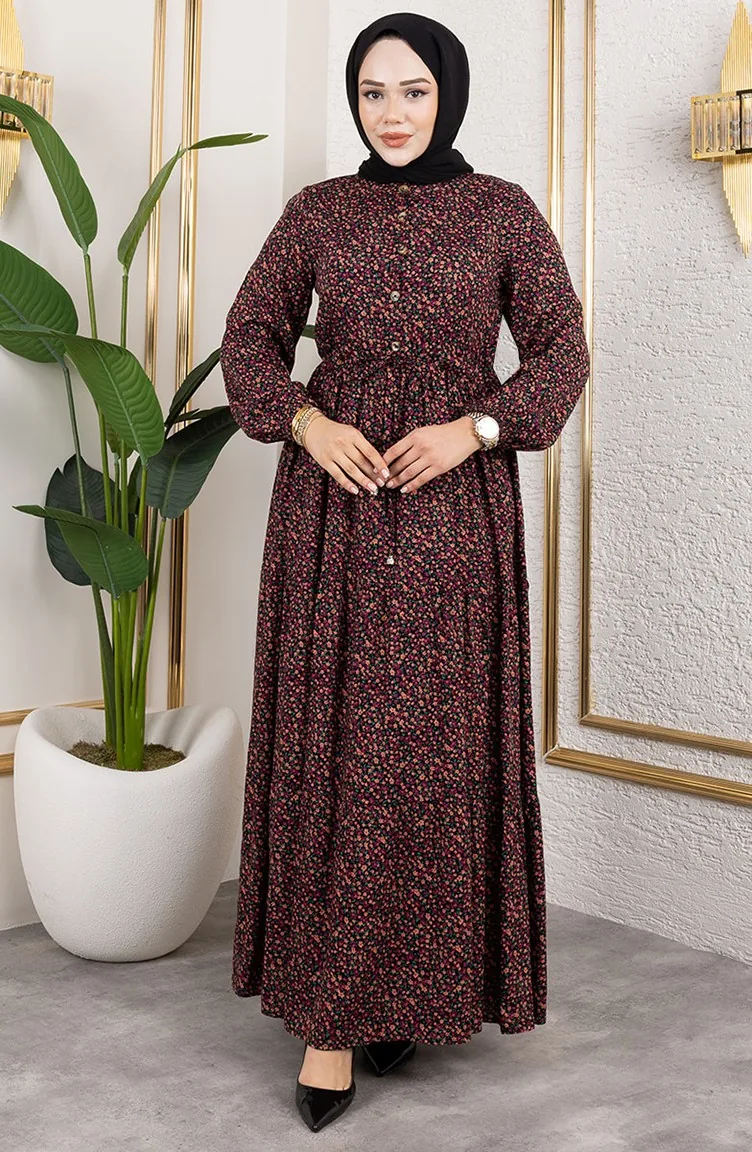 Efsun Kleid Mit Blumenmuster 7136-05 Schwarz 7136-05