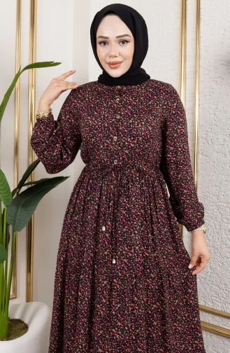 Efsun Kleid Mit Blumenmuster 7136-05 Schwarz 7136-05