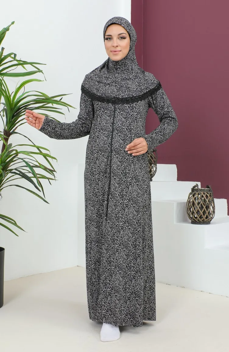 ثوب صلاة من الفيسكوز المنقوش 4487A-02 أسود 4487A-02