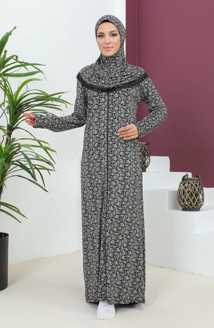 Patterned Viscose Prayer Dress 4487D-01 Black 4487D-01