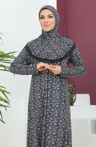ثوب صلاة من الفيسكوز المنقوش 4487D-02 أزرق داكن 4487D-02