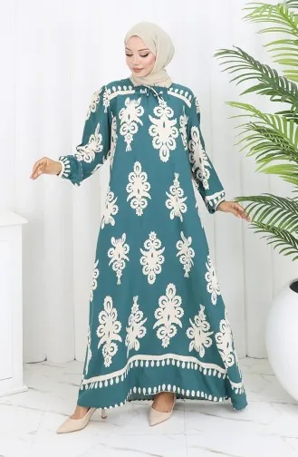 Viscose Collar Dress With Water-Solid Skirt 984585C-03 Almond Green White 984585C-03