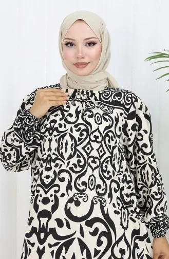 فستان بياقة فيسكوز وتنورة بلون مائي 984585F-01 أبيض وأسود 984585F-01