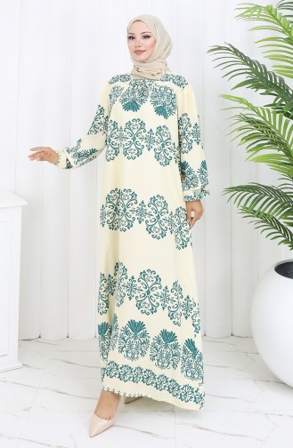 Eteği Sulu Viskon Yaka Elbise 984585G-03 Beyaz Mint Yeşil