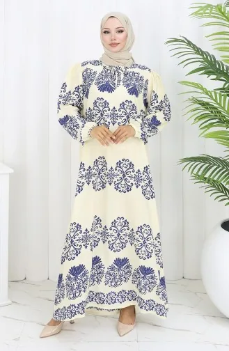 Eteği Sulu Viskon Yaka Elbise 984585G-04 Beyaz İndigo