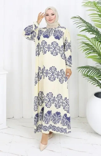 Eteği Sulu Viskon Yaka Elbise 984585G-04 Beyaz İndigo