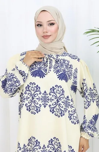 Eteği Sulu Viskon Yaka Elbise 984585G-04 Beyaz İndigo