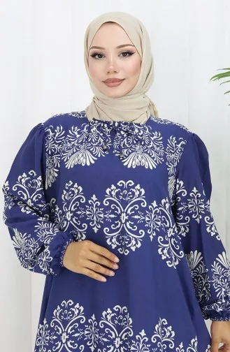 Viscose Collar Dress With Water-Solid Skirt 984585G-06 Indigo White 984585G-06