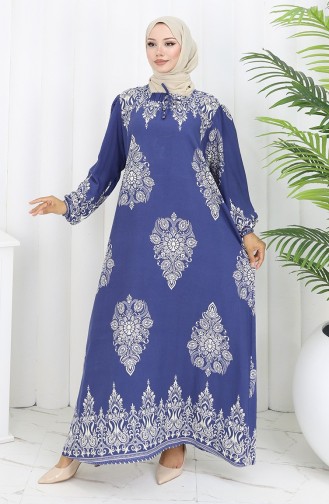 Eteği Sulu Viskon Yaka Elbise 984585L-03 İndigo Beyaz