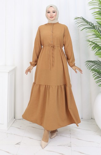 Half Buttoned Dress With Tie At Waist 0182-04 Tan 0182-04