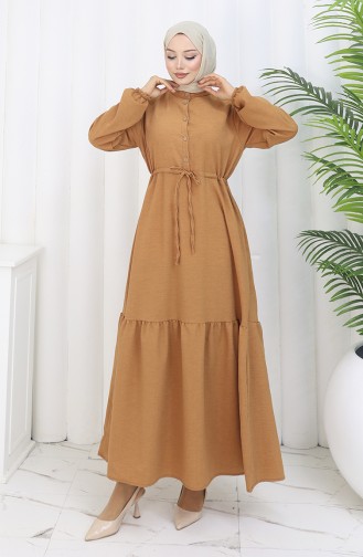Half Buttoned Dress With Tie At Waist 0182-04 Tan 0182-04