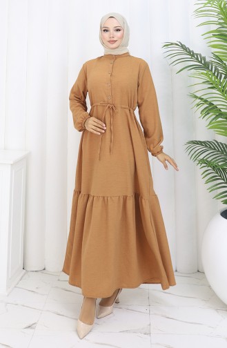 Half Buttoned Dress With Tie At Waist 0182-04 Tan 0182-04
