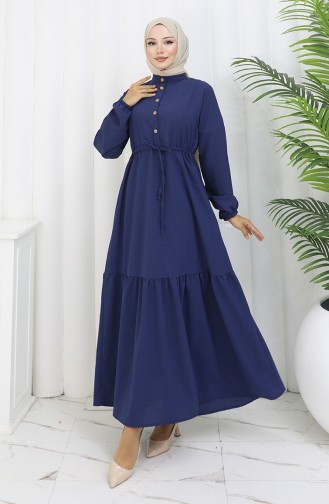 Halb Geknöpftes Kleid Mit Bindeband An Der Taille 0182-05 Marineblau 0182-05