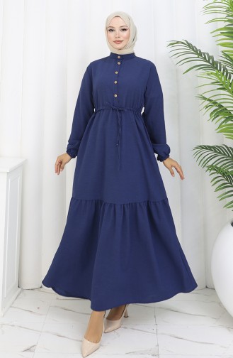 Halb Geknöpftes Kleid Mit Bindeband An Der Taille 0182-05 Marineblau 0182-05