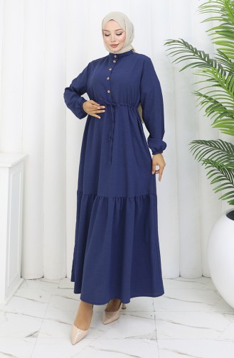 Halb Geknöpftes Kleid Mit Bindeband An Der Taille 0182-05 Marineblau 0182-05