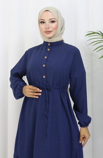 Halb Geknöpftes Kleid Mit Bindeband An Der Taille 0182-05 Marineblau 0182-05