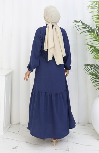 Halb Geknöpftes Kleid Mit Bindeband An Der Taille 0182-05 Marineblau 0182-05