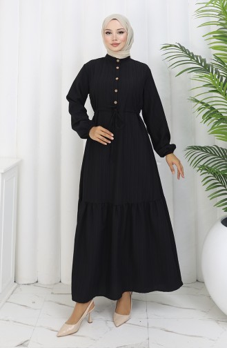 Robe Mi-boutonnée Avec Lien à La Taille 0183-02 Noir 0183-02