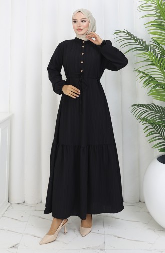 Robe Mi-boutonnée Avec Lien à La Taille 0183-02 Noir 0183-02