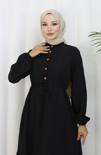 Robe Mi-boutonnée Avec Lien à La Taille 0183-02 Noir 0183-02