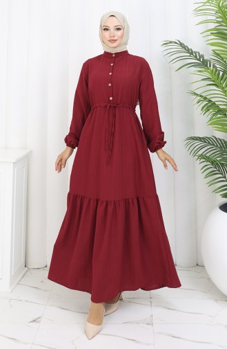 Beli Bağcıklı Yarım Düğmeli Elbise 0183-03 Bordo