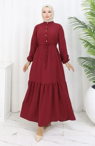 Half Buttoned Dress With Tie At Waist 0183-03 Claret Red 0183-03