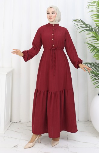 Beli Bağcıklı Yarım Düğmeli Elbise 0183-03 Bordo